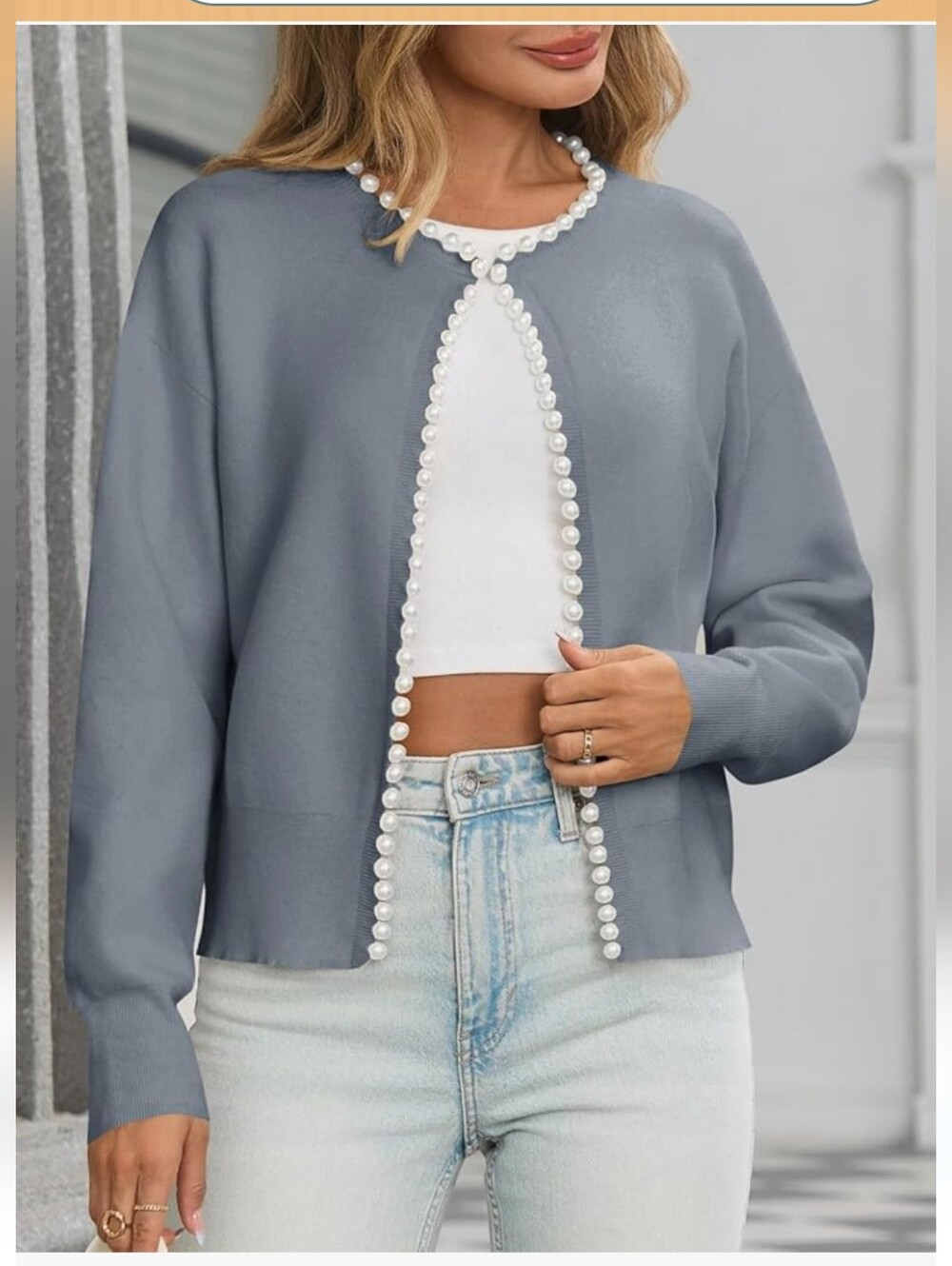 Pearl-Trim Grey Pearl Trim Knit Cardigan Sweater Size Small Cozy Chic